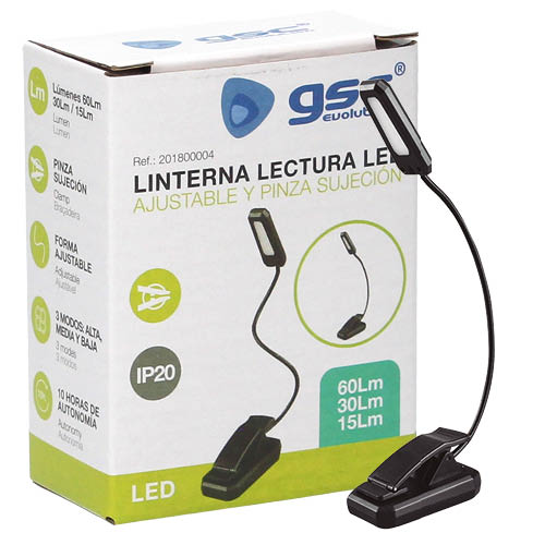 Linterna lectura LED ajustable y pinza sujeción