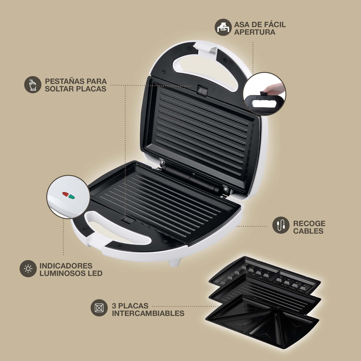 Sandwichera doble Pipu con 3 placas (clásica, grill y gofre) 750W