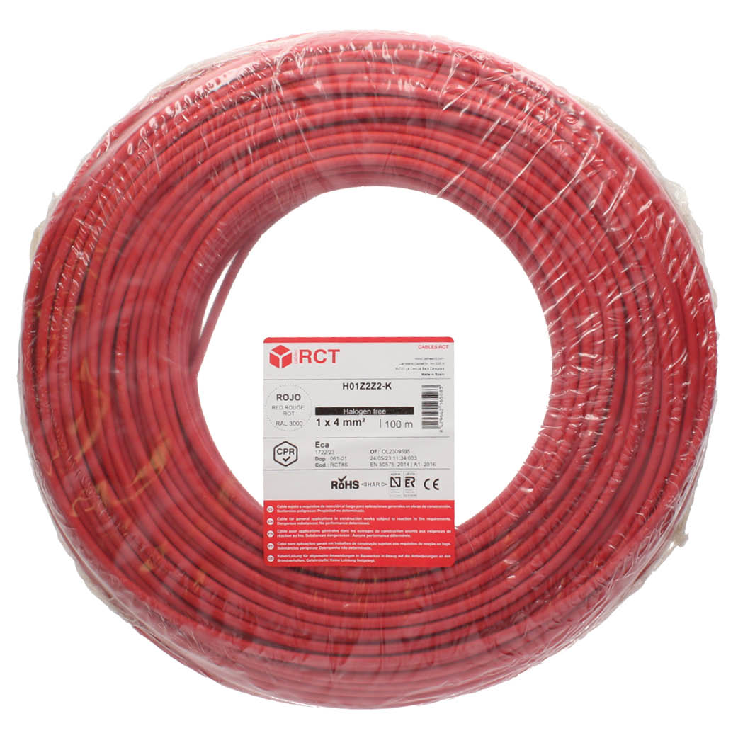 Rollo 100M Cable solar (1x4mm) Rojo