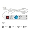 [100000000] Base múltiple 3T + 2 USB + Int. (3x1.5mm) 1,4M Blanca