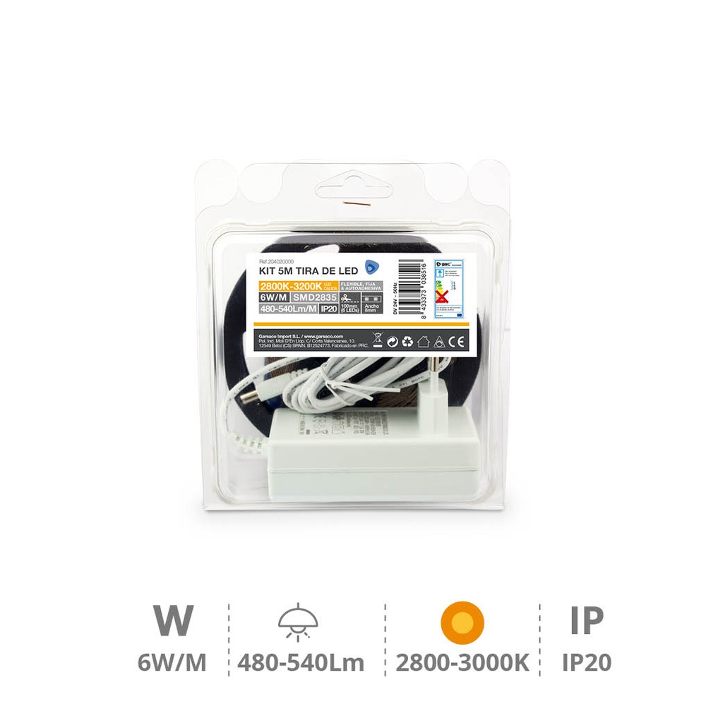 Kit 5M Tira de LED 6W/M IP20 2800K-3200K preparado