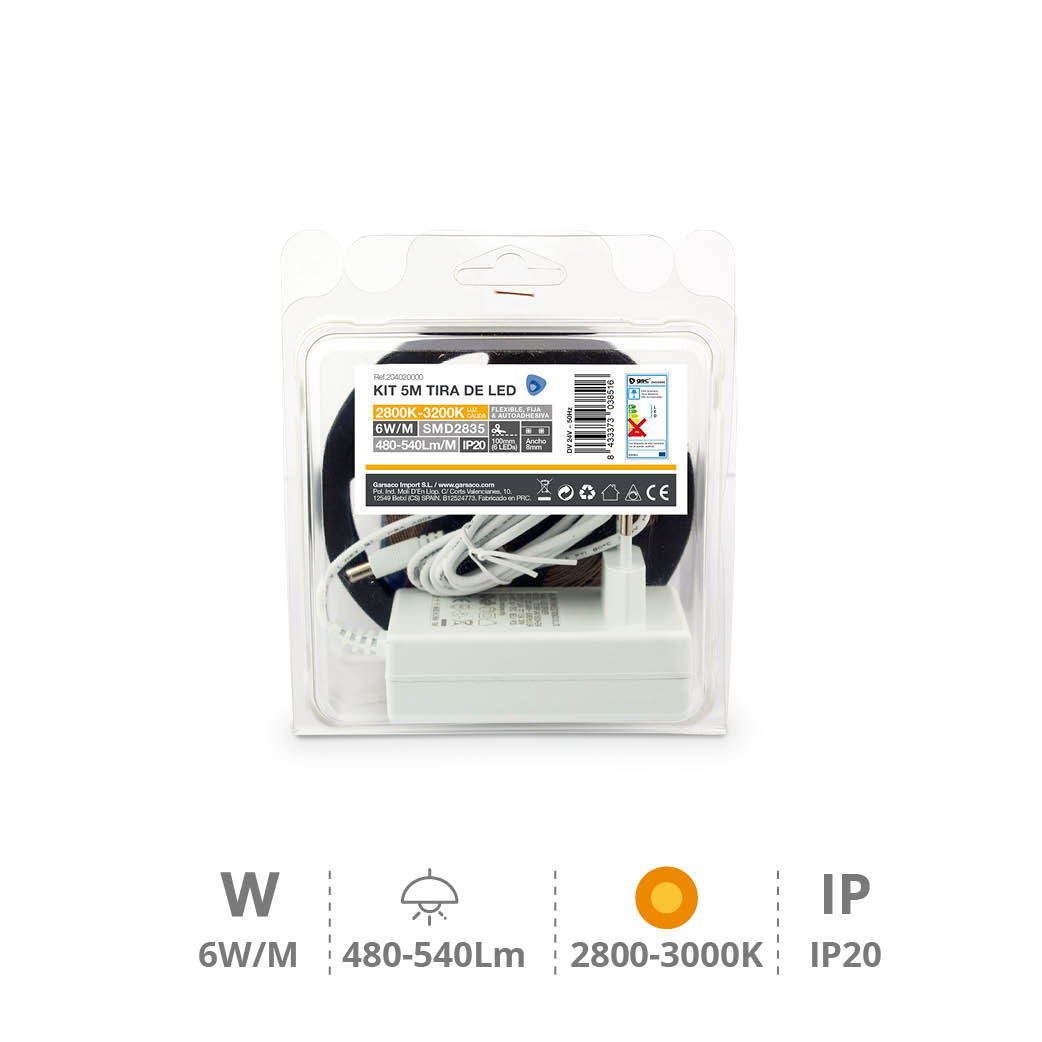 Kit 5 M Bande de LED 6 W/M IP20 2800K-3200K préparé