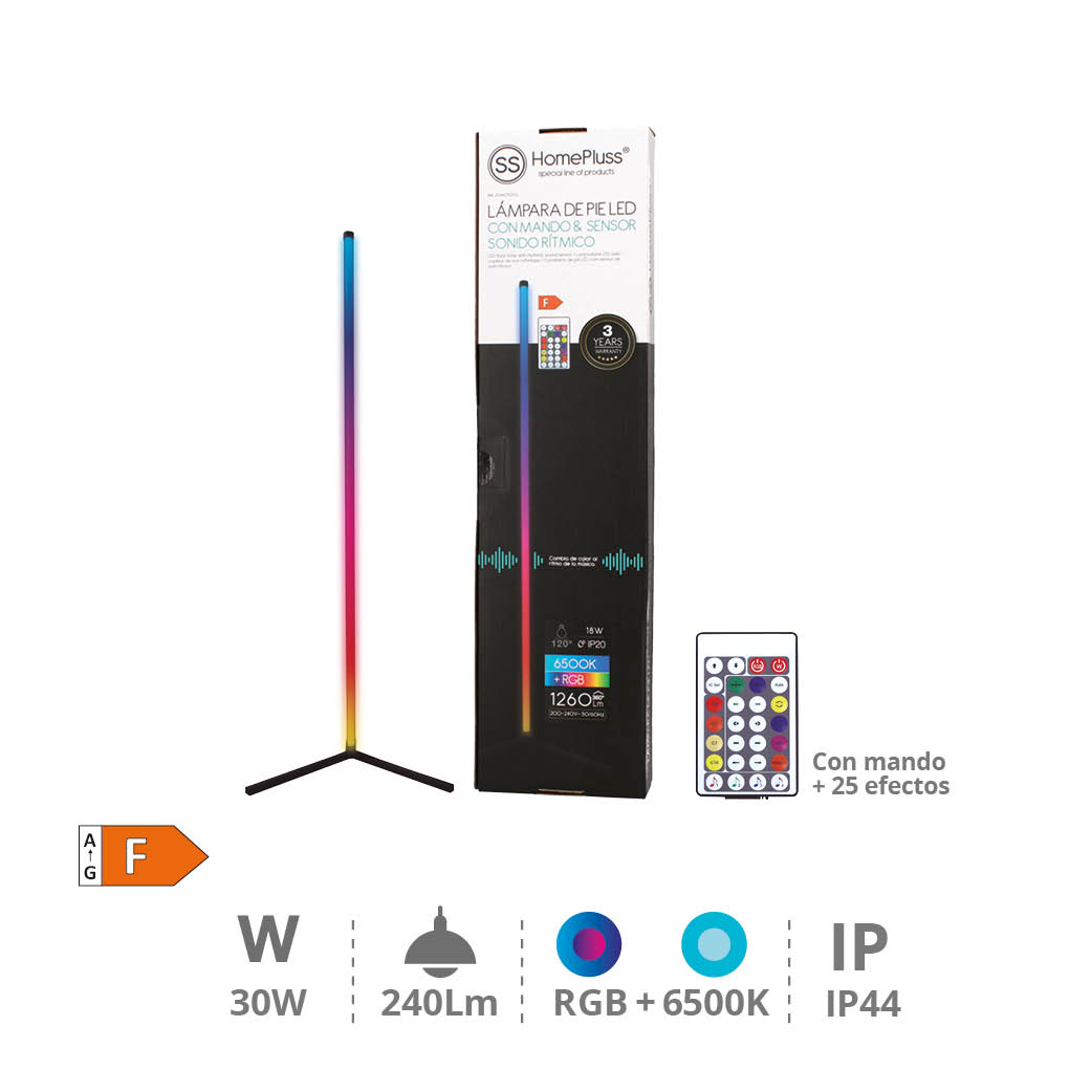 Lampara de pie con mando y sensor de sonido rítmico 18W RGB + 6500K