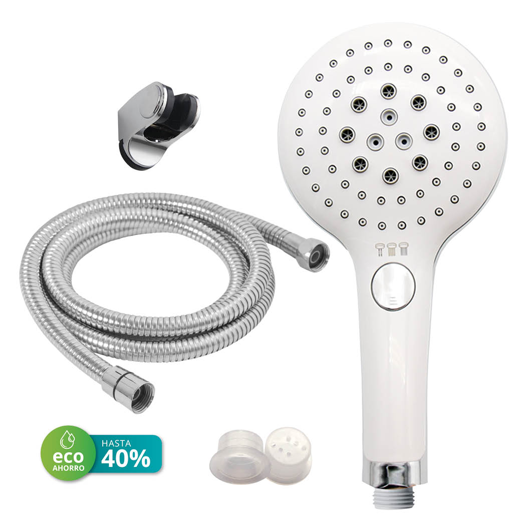 Kit douche éco faible consommation : Pomme de douche 129 mm 3 fonctions + flexible + support réglable