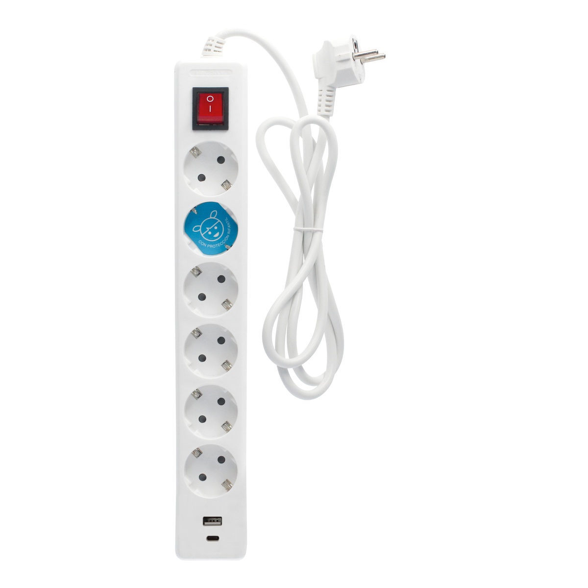 Base múltiple 6T + USB C + A con interruptor (3x1.5mm) 1,4M Blanco