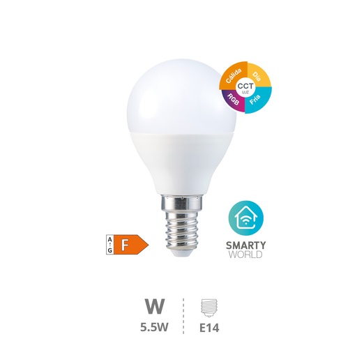 [200651002] Bombilla LED esférica inteligente vía wifi y bluetooth 5,5W E14 RGB + CTT regulable