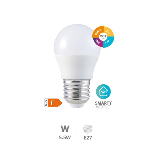 [200651003] Bombilla LED esférica inteligente vía wifi y bluetooth 5,5W E27 RGB + CTT regulable