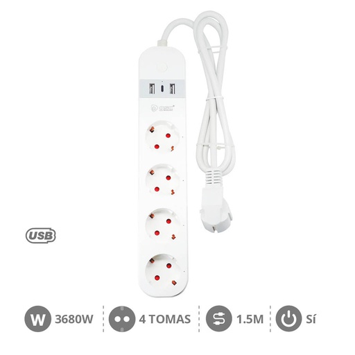 [100045001] Base múltiple inteligente vía wifi o bluetooth 4T + 2 USB + tipo C (3x1.5mm) 1,5M