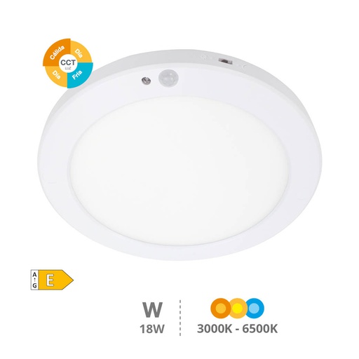 [201010006] Downlight LED Aketi empotramiento regulable con sensor movimiento y crepuscular 18W 3000K a 6500K regulable